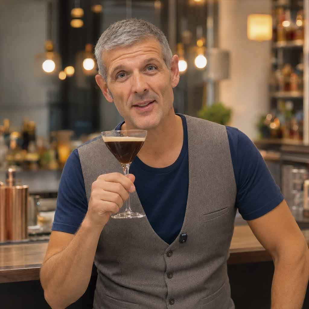 Coctelero para empresas Antonio Aranda evaluando un cóctel como maestro coctelero y bar manager